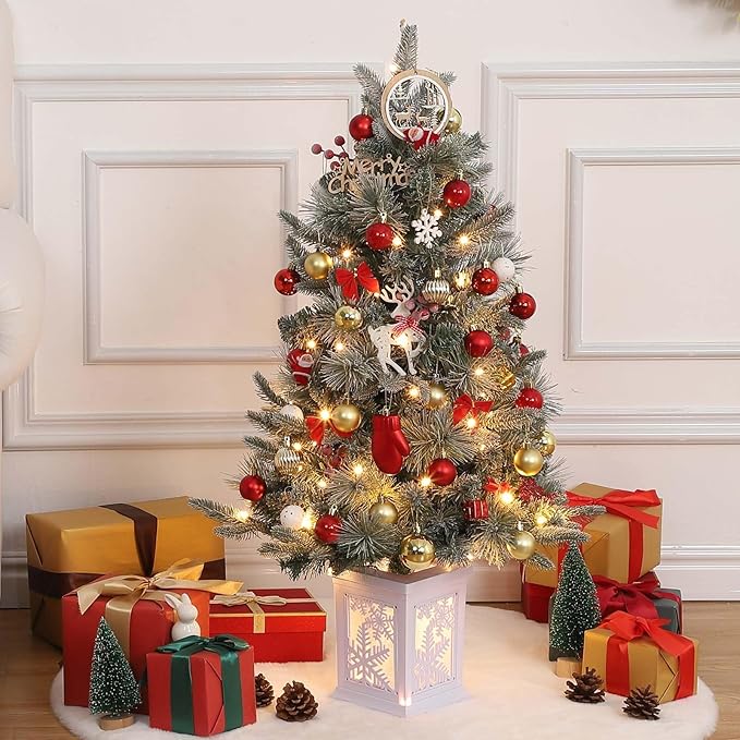 3 ft Prelit Christmas Tree with 78 Warm Lights & Red Berry, Artificial Xmas Trees with Snowflake Light Box Base, for Home, Office, Fireside Christmas Decoration, Set of 2