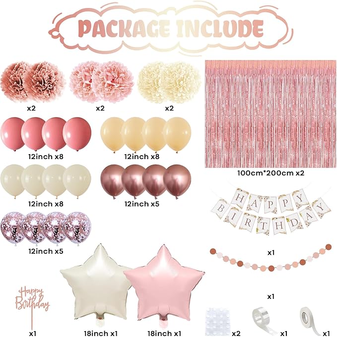 Pink Birthday Decorations for Women, Boho Dusty Pink Rose Gold Blush Beige Latex Balloons Happy Birthday Banner Foil Fringe Curtain Tissue Paper Pompom for Woman Girls Party Decoration Supplies