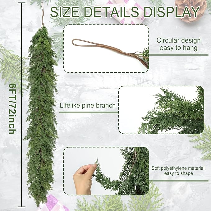 Artgar 6 Ft Christmas Cedar Garland - Realistic Greenery Cypress Garlands - Real Touch Artificial Pine Garland Christmas Decorations for Outdoor Home Dining Table Mantel Stair Porch Winter Xmas Decor