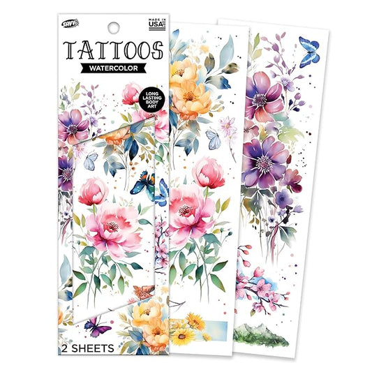 Savvi - 10 Watercolor Temporary Tattoos: Skin-Safe Ink, Flower and Butterfly Tattoo Set, Great for Parties and Everyday Wear, Gifts for Teens and Adults, Made in the USA [2 sheets, 10 count]