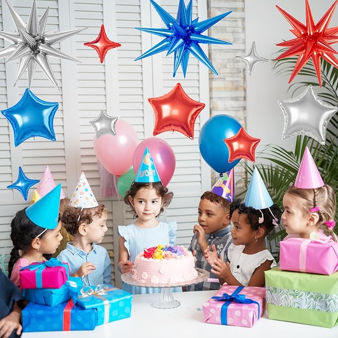 16 Pcs Red Blue Silver Star Balloons,22/18/10 Inch Foil Balloons, Four-Pointed Balloon for Kids Boy Birthday Graduation Wedding Baby Shower Party Decoration