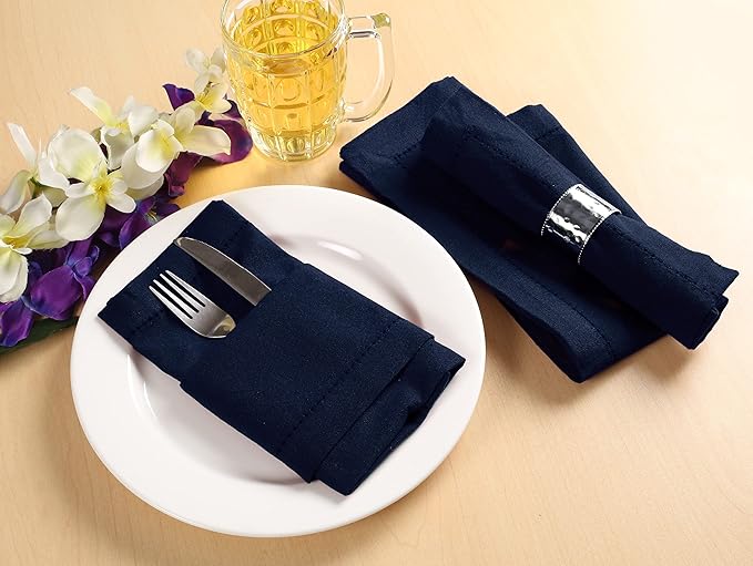 Palisa Cloth Dinner Napkins with Hemstitched Detailing & Mitered Corners Set of 4 (18x18 Inches) Navy - Cotton Reusable Dinner Napkins - Perfect for Weddings & Everyday Use