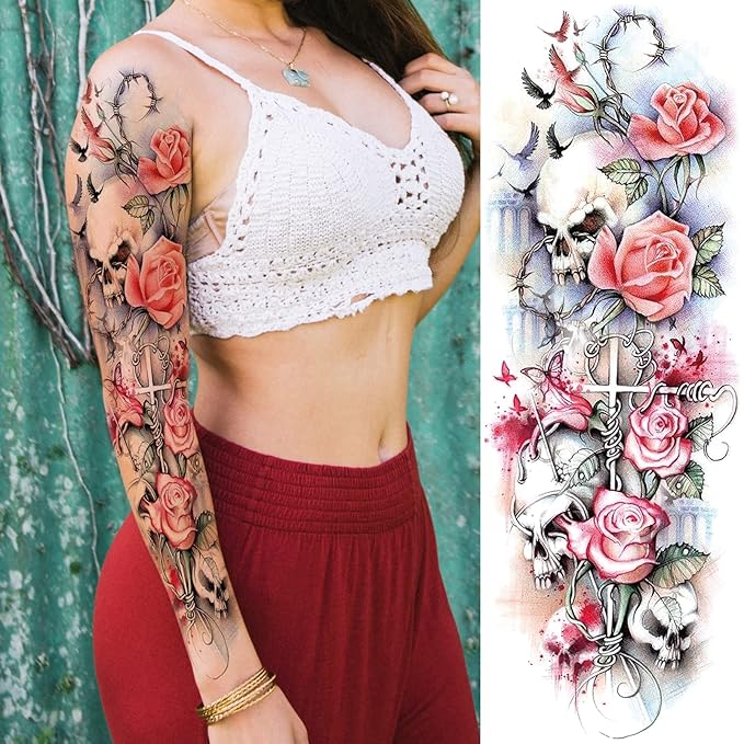 Rose Skull Temporary Tattoo Sleeve for Women Leg, 4-Sheet Full Arm Realistic Color Flower Skull Fake Sleeve Tattoo Adult Girl and 4-Sheet Large Floral Skeleton Half Temp Tatoo Sticker Thigh Body Art