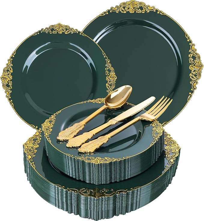 125PCS Green and Gold Plastic Plates - Fancy Green Disposable Plates - Vintage Christmas Plate with Gold Plastic Silverware Set for 25 Guests for Party Xmas Holiday