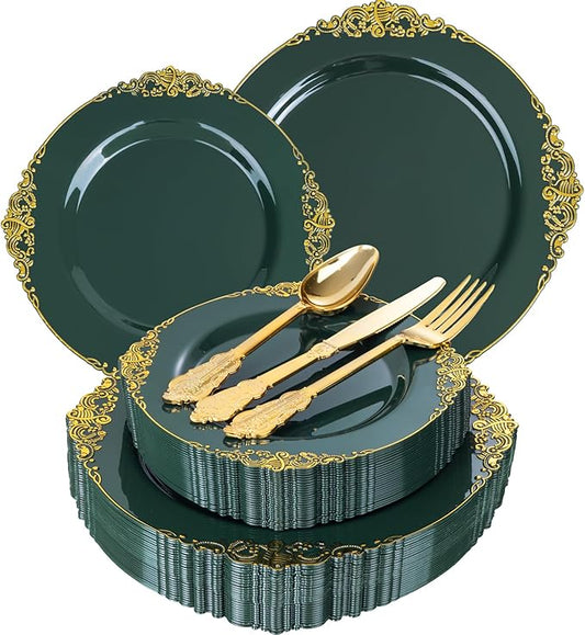 125PCS Green and Gold Plastic Plates - Fancy Green Disposable Plates - Vintage Christmas Plate with Gold Plastic Silverware Set for 25 Guests for Party Xmas Holiday