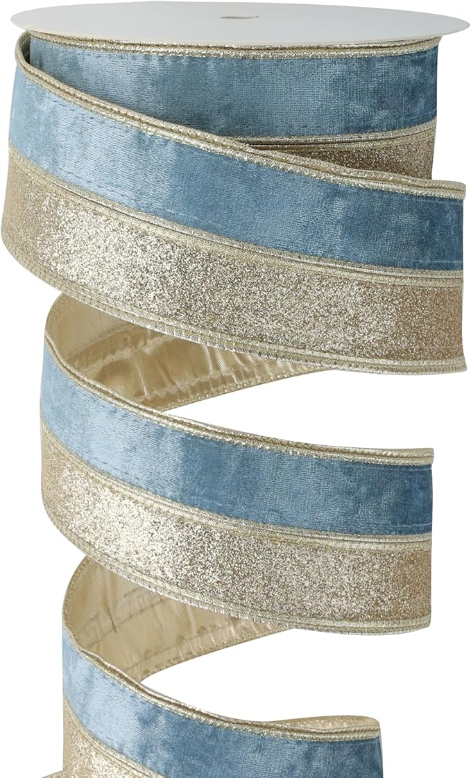 Dusty Blue Velvet Wired Christmas Ribbon 2.5 Inch Blue and Gold Glitter Holiday Ribbon – 10-Yards Roll for Tree Decorations, Gift Wrapping, Wreaths, and DIY Crafts