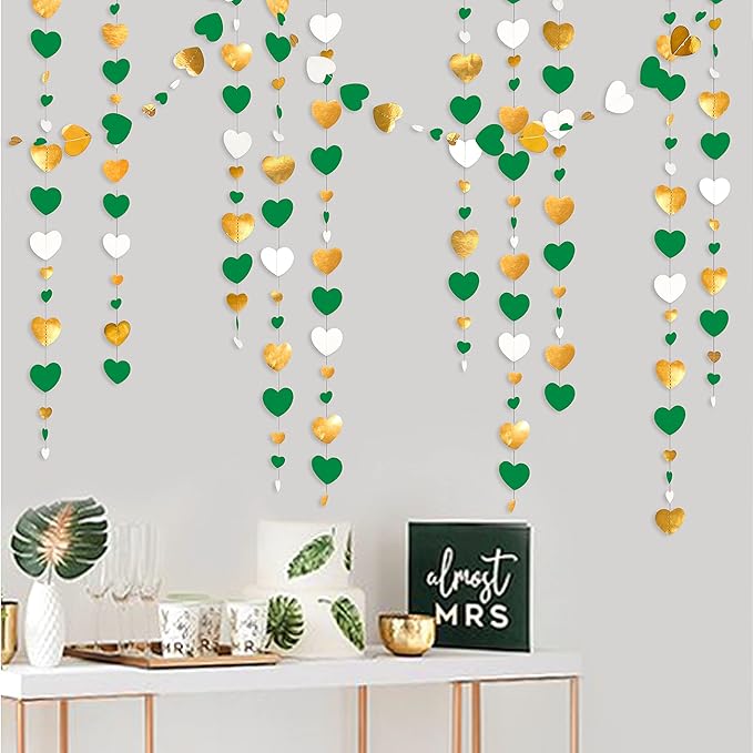 Valentines Day Party Decorations Green Gold and White Love Heart Garland Hanging Streamer Banner for Spring Summer Anniversary Engagement Wedding Bridal Baby Shower Birthday Mothers Day Party Supplies