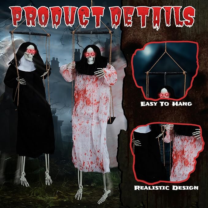 VINGLI Halloween Hanging Swining Skeleton Ghost with Creepy Sounds & Flashing Red Eyes, Scary 2 Pack for Indoor Haunted House Party & Outdoor Graves Scary Yard Garden Lawn Decoration.