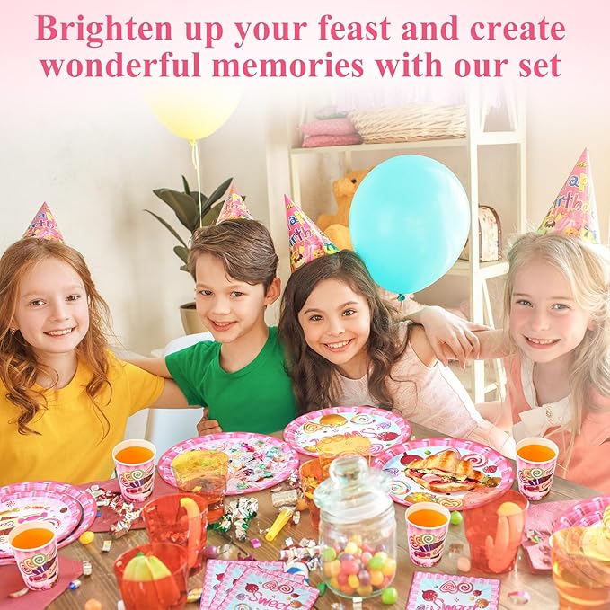 250 Pcs Candyland Party Decorations Sweet Candy Lollipop Paper Plates Cups and Napkins Disposable Halloween Sweet Candy Themed Tableware Set for Baby Shower Birthday Party Supplies Serves 50