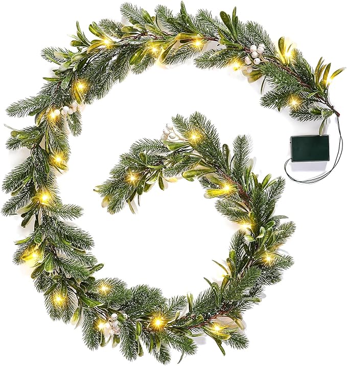 6FT Pre-lit Christmas Pine Garland with Olive Berry,Battery Operated Garlands Xmas with Timer,Faux Greenery Vine for Home Mantle Fireplace Stair Decor