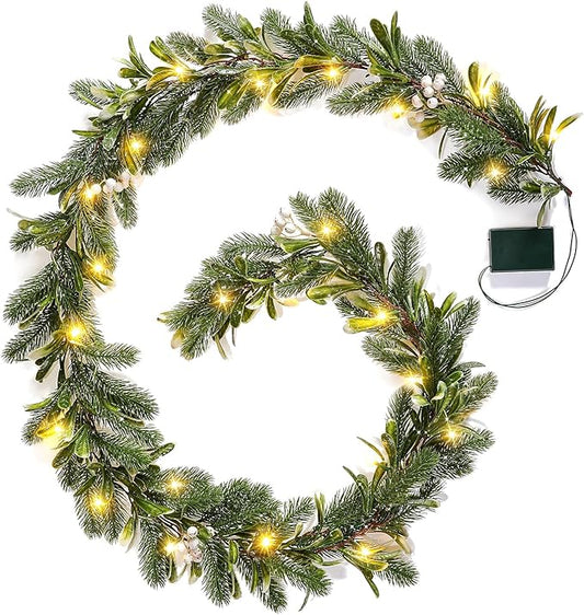6FT Pre-lit Christmas Pine Garland with Olive Berry,Battery Operated Garlands Xmas with Timer,Faux Greenery Vine for Home Mantle Fireplace Stair Decor
