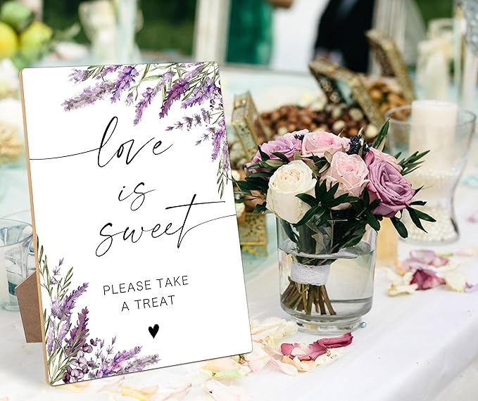 Love Is Sweet Sign, Lavender Dessert Table Decor, Bridal Shower Decorations, Wedding Reception Table Decorations, Purple Floral Wooden Sign with Stand for Wedding Reception And Bridal Party Decor, 37