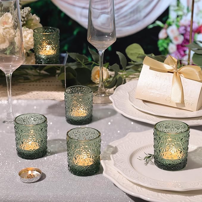 Green Votive Candle Holder Set of 12, Flower Tea Lights Candles Holders for Wedding Table Decor, Birthday Parties, Vintage Home Decor, Bridal Shower and Holiday Decorations