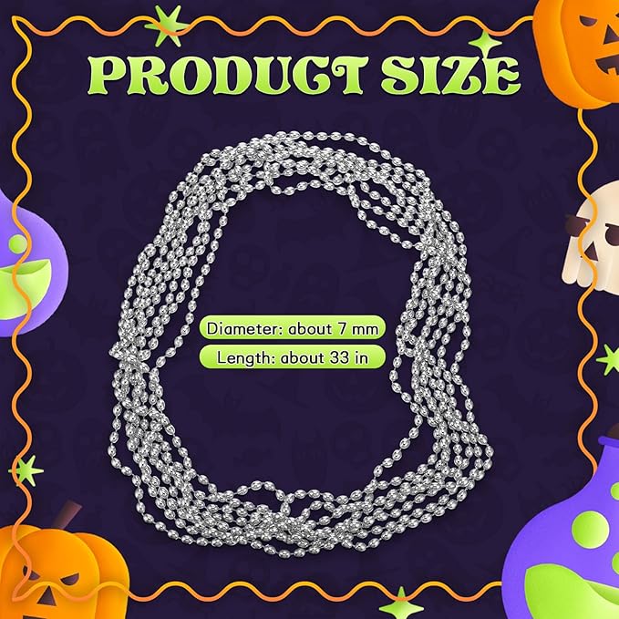 Riceshoot 200 Pcs Silver Bead Necklace Bulk Mardi Gras Oval Beads Necklace Party Favors 33" 7mm Metallic Color Beaded Costume Necklaces for Halloween Christmas Festive Event Accessories
