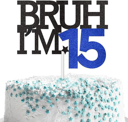 Bruh I'm 15 Cake Topper, Happy 15th Birthday Decorations for Boy, Funny 15th Birthday Cake Topper Birthday Party Decoration Supplies