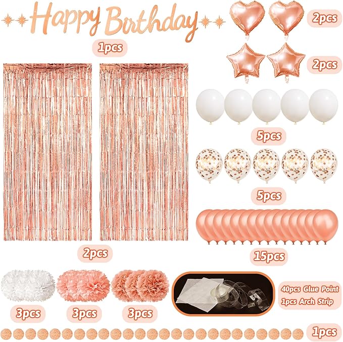 ZERODECO Rose Gold Birthday Party Decorations, Happy Birthday Banner Rose Gold Fringe Curtain Paper Pompoms Foil Confetti Balloons for Women Girls Princess Party