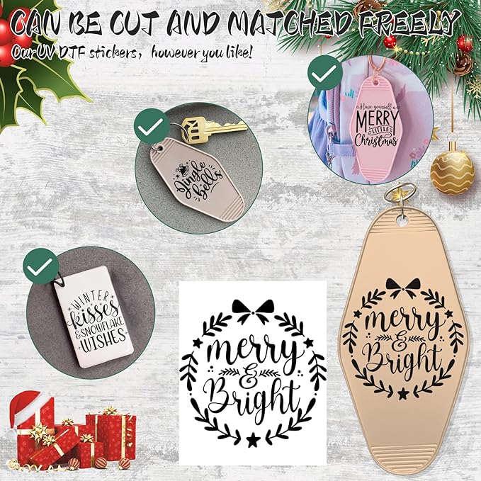 UV DTF Keychain Sticker,48 Sheets Christmas Quotes Waterproof Graphic Transfer Stickers, Perfect for Decorating Motel and Hotel Keychains