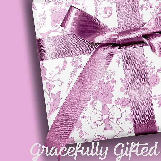 LaRibbons Pink Bow Floral Wrapping Paper Roll – 17 inch x 33 feet, Vintage Toile Stone Paper Design for Wedding, Baby Girl Shower, Bridal Gift Wrap, Valentine's Day, Christmas