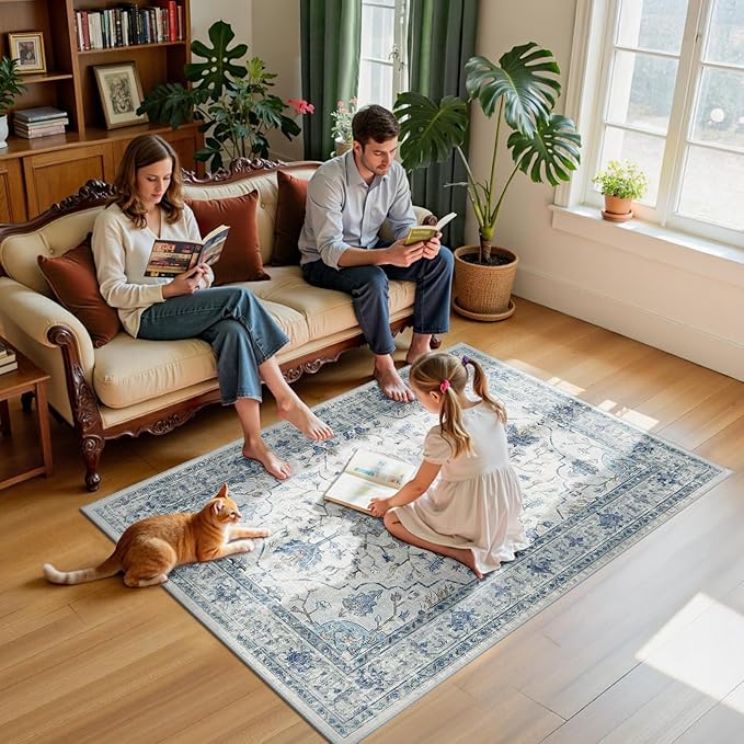 Area Rugs 4'x6' Washable Non-Slip, Floral Vintage Distress Print Pattern Medallion Carpet for Living Room Bedroom Dining Room, Light Blue Navy Beige Gray White