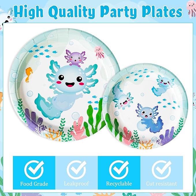 Blue Axolotl Party Decoration - Serves 24 - 112Pcs Cute Cartoon Axolotl Party Supplies, Animals Disposable Plate Napkin Forks Tablecloth Banner Card, for Kids Boy Birthday Baby Shower