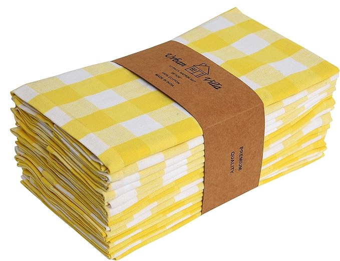 Urban Villa Easter Cloth Napkins 100% Cotton Dinner Napkins Highly Absorbent 20x20 Inches (Set of 12) Yellow White Buffalo Checks Reusable Washable Soft Durable Napkins Ideal for Home Wedding Parties