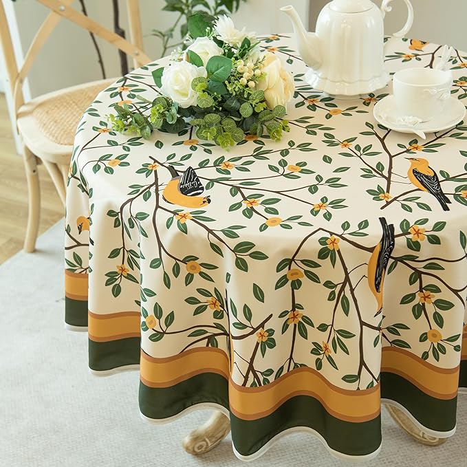 French Tablecloth Waterproof, Kumquat and Oriole Vintage Style Print – Stain Resistant, Washable Fabric Table Cover for Dining, Kitchen, Party, Vibrant Nature-Inspired Home Decor, 60" Round