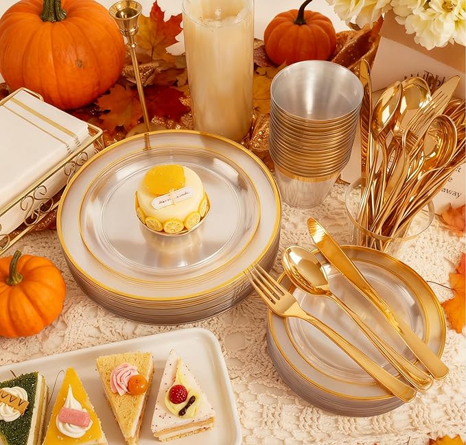 GATHER 350PCS Clear Gold Plastic Plates - Disposable Gold Dinnerware Sets Includes 100 Gold Rim Plastic Plates, 150 Silverware, 50 Napkins, 50 Cups for Party, Wedding & Birthday & Thanksgiving