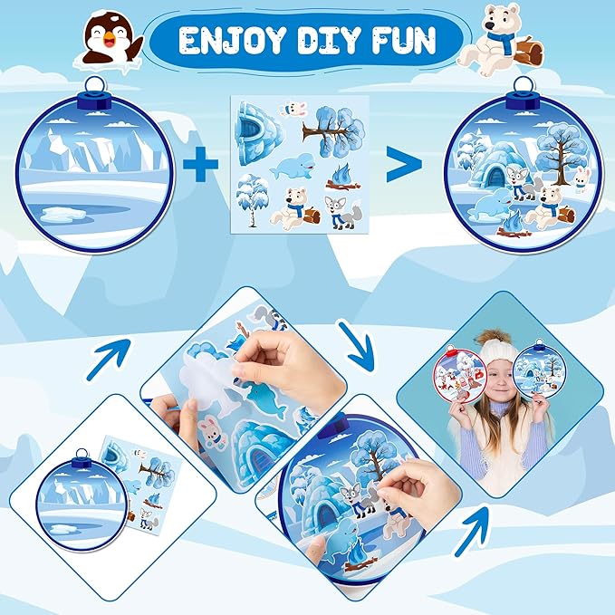 CY2SIDE Polar Animal Stickers Scene - 12 Set Winter Animal Color Sorting Sticker Art Craft for Kids Make A Crystal Ball Scene with Polar Animals DIY Crafts for Kids Holiday Class Party