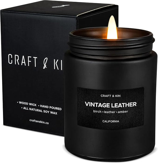 Craft & Kin Premium Vintage Leather Candle | Black Christmas Scented Candles for Men | Long Lasting with 45 Hour Burn Time, 7.6oz | Soy Holiday Candles | Aromatherapy at Home | Gifts for Men