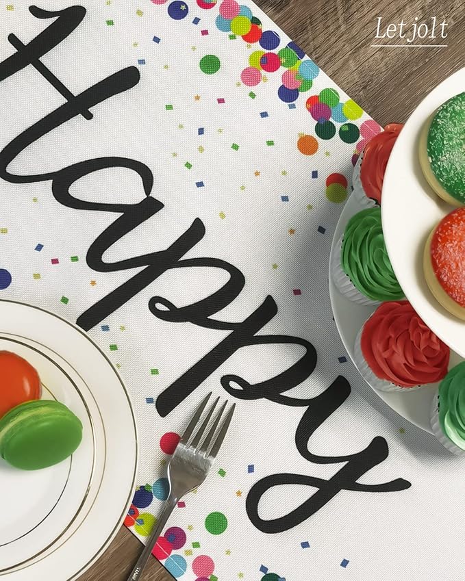 Letjolt Happy Birthday Table Runner 72 Inches Birthday Centerpieces for Tables Birth Day Party Sign Polka Dots Table Decoration, White