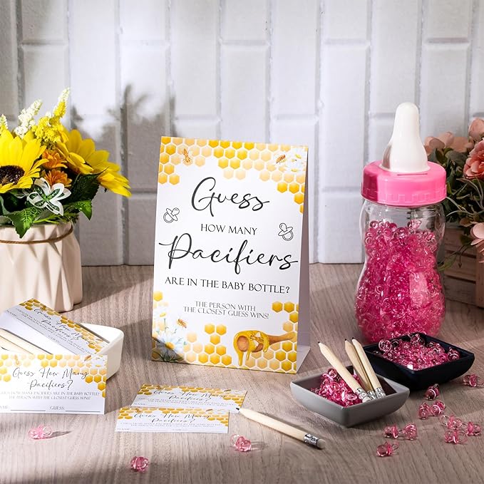 Roowest 512 Pcs Baby Shower Games Guess How Many Pacifiers Sign 100 Small Guessing Games 10 HB Pencils 750ml Milk Bottle 400 Acrylic Pacifiers Decoration for Guest Gender Reveal(Pink,Bee)