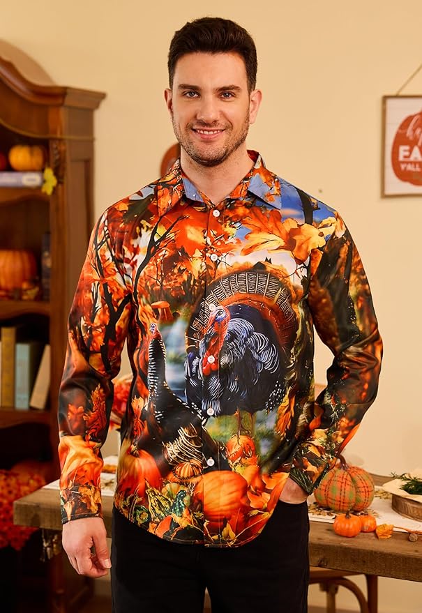 Arvilhill Men's Thanksgiving Long Sleeve Shirt Turkey Pattern Button Down Shirts Family Gathering Fall Festival Wear (S-3XL)