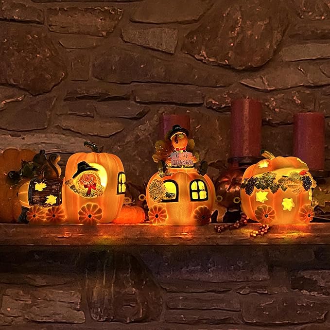 Hexagram Thanksgiving Decorations Indoor - Turkey Decor Thanksgiving Table Decorations - Lighted Turkey Pumpkin Train Decor - Pumpkin Figurines Centerpieces for Tables - Light Up Home Tabletop