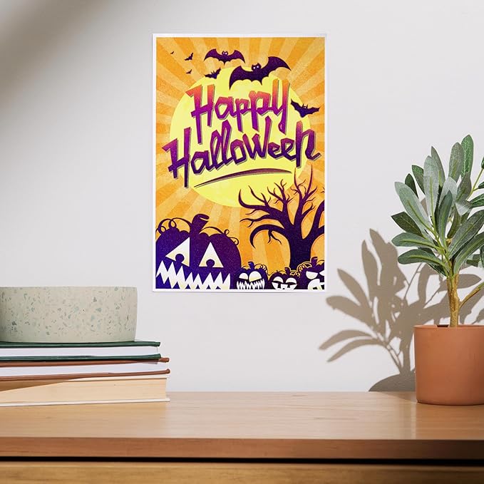 Lantern Press 8x12 Inch Art Print Wall Decor, Happy Halloween, Bats and Pumpkins