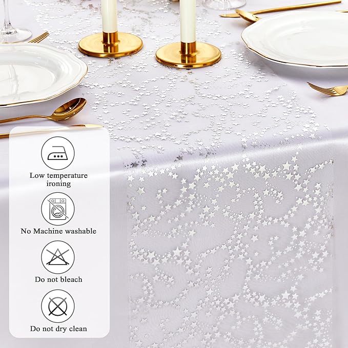 YATOJUZI Silver Table Runner,16 Ft Star Sheer Chiffon Tulle Table Runner,Sequin Glitter Metallic Foil Silver Table Decorations Centerpiece for Wedding Birthday Party