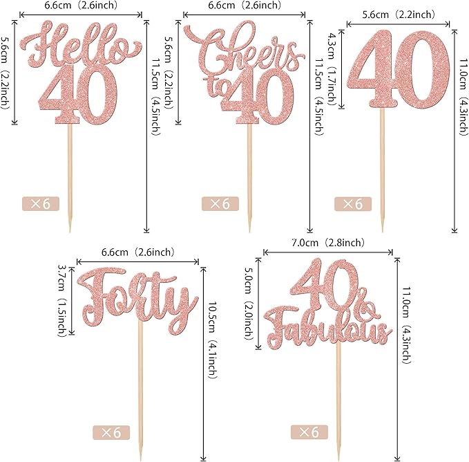 30PCS Happy 40th Birthday Cupcake Toppers Glitter Hello 40 Fabulous Forty Cheers to 40 Years Old Birthday Cupcake Picks for Happy 40th Birthday Anniversary Party Cake Decorations Supplies Rose Gold