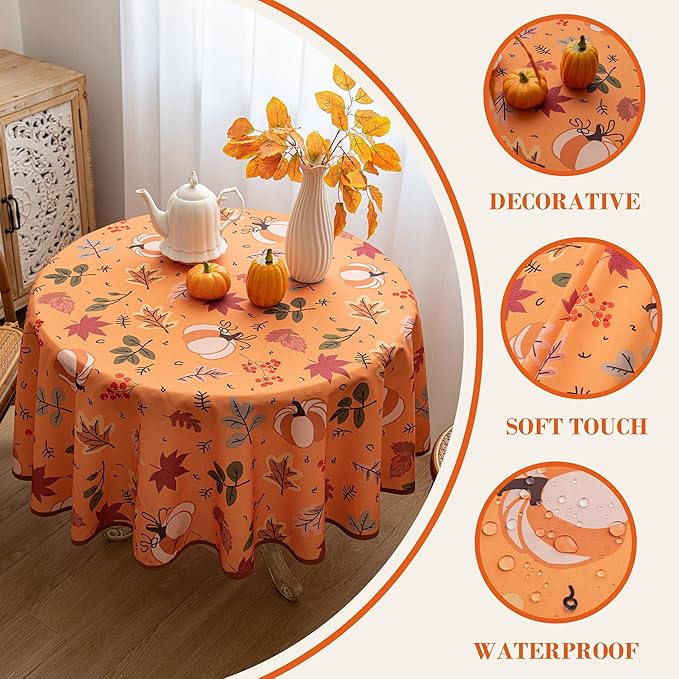 Thanksgiving Waterproof Tablecloth – Fall Harvest Pumpkins, Maple Leaves & Berries Print – Autumn Rectangle Table Cover for Dining or Party, Brown, 60" Round