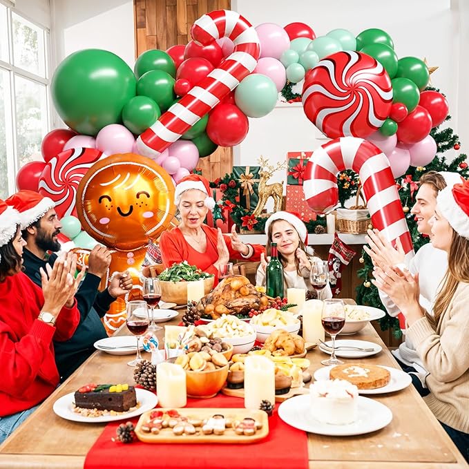 Christmas Balloon Arch Kit, Gingerbread Man Balloon Garland with Green Pink Latex Balloons Candy Cane Foil balloons for Christmas Party Decorations New Year Xmas Party Supplies