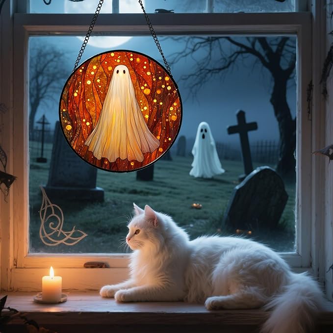 Stained Glass Window Hanging - Halloween Decoration Glowing Forest Ghost Suncatcher for Door Garden Spooky Orange Sun Catchers Gothic Decor Horror Gifts for Women Men Friend Boy Girl 11.8 in