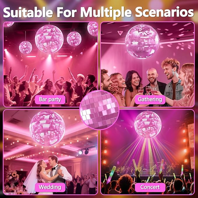 12 inch Pink Disco Ball, Hanging Mirror Ball, Wedding Decoration Disco Light Ball, Stage Lighting Effect，12/16/20 inch Home,Stage and Bar Glittering Decoration (12inch-Pink)