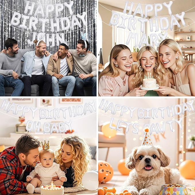 65 Pcs White Happy Birthday Balloons and 2 Sets A-Z Letters Foil Balloons, 16 Inch Personalized Name Happy Birthday Banners for Wedding Baby Shower Anniversary Party Decorations (White)