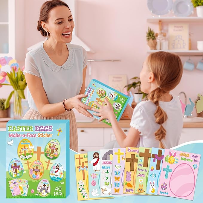 CY2SIDE Easter Eggs Face Sticker - 40PCS Make Your Own Jesus Cross Eggs Sticker Craft Game for Kids School Reward DIY Easter Party Favors for Kids Christian Sunday School Classroom Activities