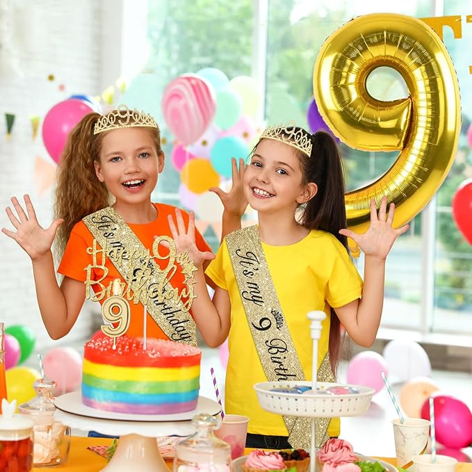 9th Birthday Decorations for Girl Gold with 9th Birthday Sash and Tiara, Candles and Cake Topper, Number Balloons, 9 Year Old Gifts for Girls