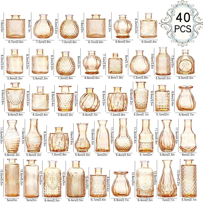 Bud Vases Set of 40 Pcs,Small Flower Vases for Centerpieces,Glass Bud Vase in Bulk,Vintage Bud Vase for Wedding Table Centerpieces Decoration, Home Table Party Decor, Christmas,Anniversary,Gold Amber