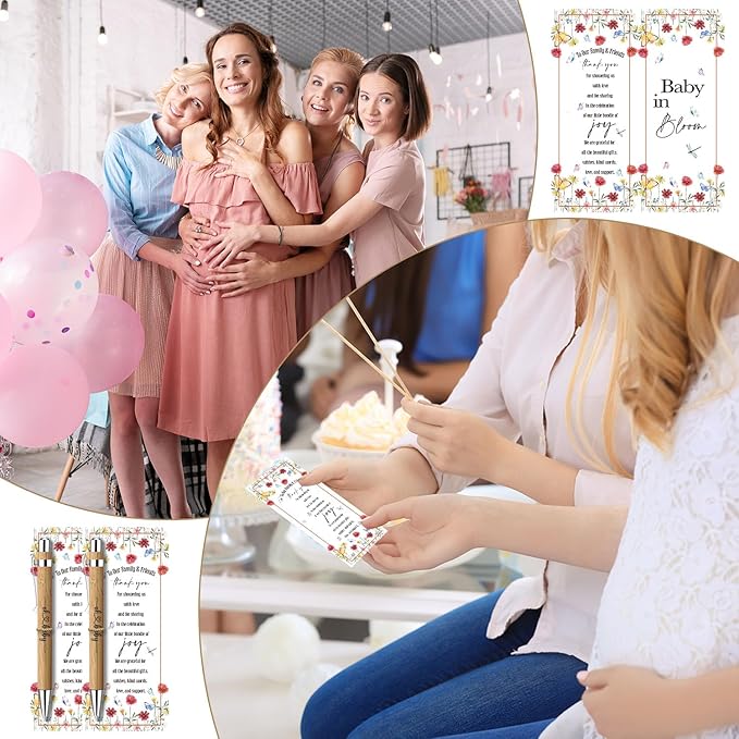 Toerifer 30 Pcs Baby Shower Favor for Guests Gifts Sets Included Bamboo Pens Greeting Thank You Cards Gender Reveal Souvenirs Prizes Baby in Bloom Gender Reveal Decorations