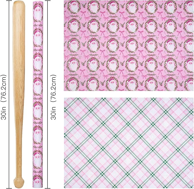 RUSPEPA 30" X 32.8' Reversible Christmas Wrapping Large Paper Roll, Jumbo Roll, Pink Santa Claus, Floral Wreath, Bow Design, Green Pink Plaid Gift Wrap for Girls, Kids, Family, Xmas Holiday Gifts
