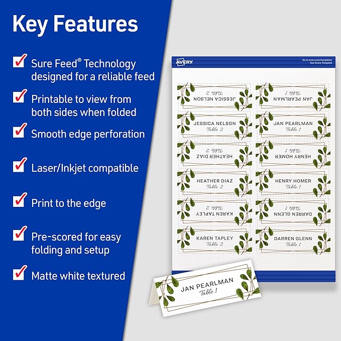 Avery Printable Place Cards with Sure Feed Technology, 1-7/16" x 3-3/4", Matte White, 150 Blank Tent Cards for Laser or Inkjet Printers (5011)
