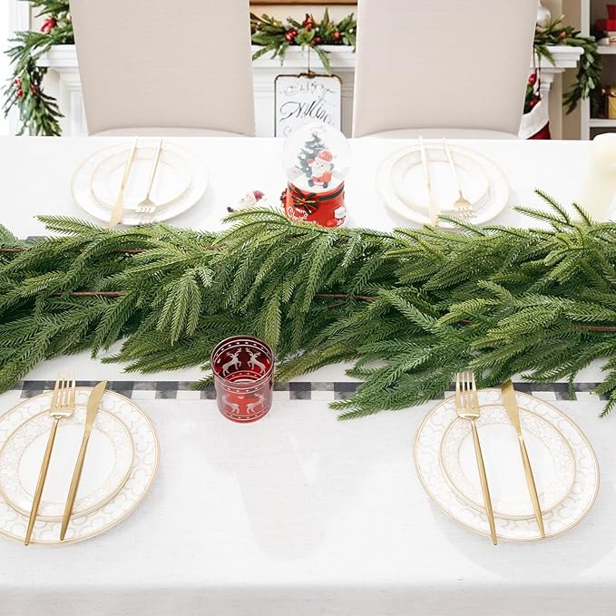U'Artlines 1Pcs Christmas Norfolk Pine Garland, 6 Ft Xmas Faux Greenery Garland Real Touch Winter Cedar Garlands for Table Stairs Mantle Fireplace Holiday Decoration