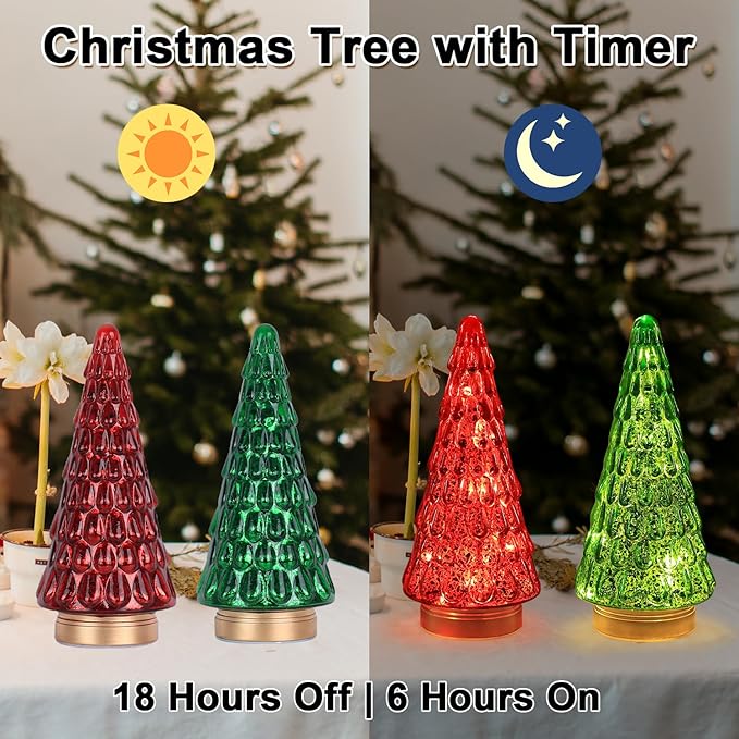PHITRIC Christmas Decorations Indoor, 2 PCS Sparkling Glass Christmas Tree Table Centerpieces Decor with LED Lights and Timer, Xmas Tree Decorations for Home, Mantel, Shelf, Tabletop (Red & Green)