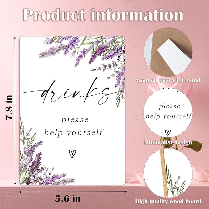 Drinks Please Help Yourself Sign, Lavender Drink Signs for Party, Bridal Shower Decorations, Wedding Reception Decor, Floral Wooden Sign with Stand for Wedding Reception And Bridal Party Decor, 25
